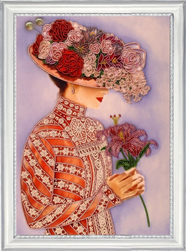 DIY Bead Embroidery Kit "Lady with Lillies" 14.2"x10.2" / 36.0x26.0 cm