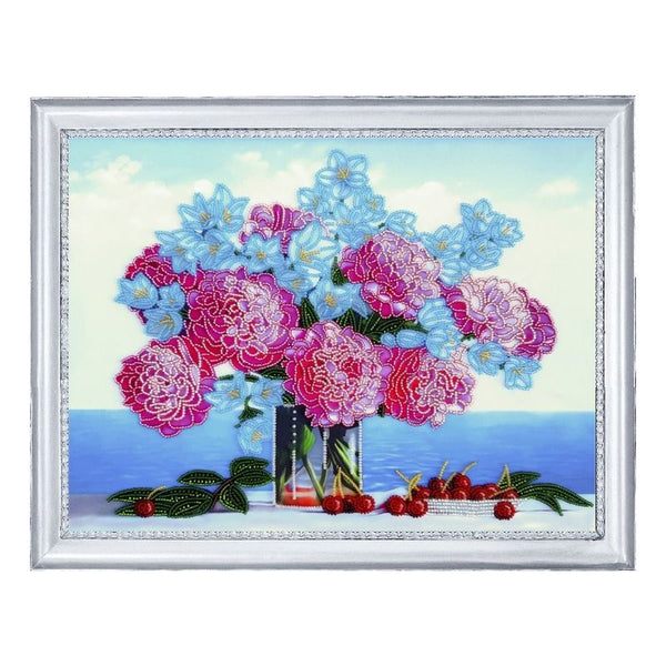 DIY Bead Embroidery Kit "Peonies and Bluebells" 10.2"x13.8" / 26.0x35.0 cm