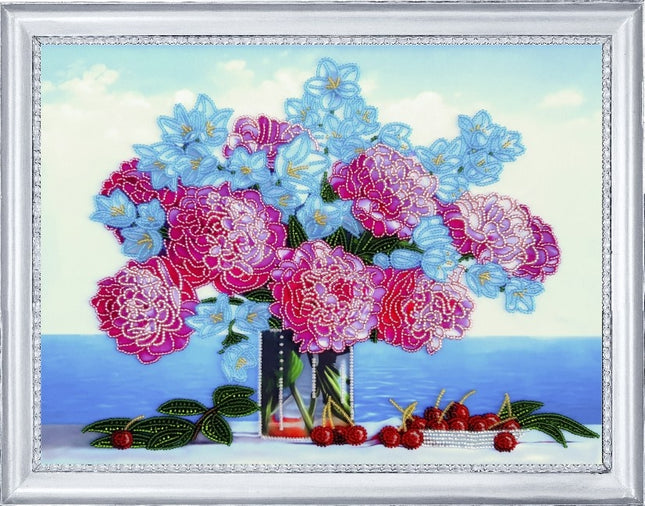 DIY Bead Embroidery Kit "Peonies and Bluebells" 10.2"x13.8" / 26.0x35.0 cm