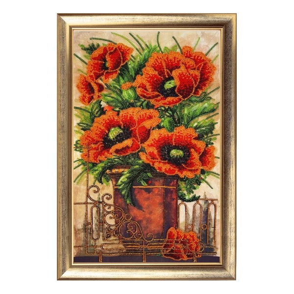 DIY Bead Embroidery Kit "Vase with Poppies" 14.6"x9.4" / 37.0x24.0 cm