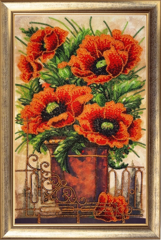 DIY Bead Embroidery Kit "Vase with Poppies" 14.6"x9.4" / 37.0x24.0 cm
