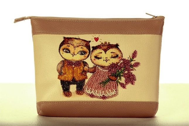 DIY Bead Embroidery kit Leatherette cosmetic bag "Pair of owls"