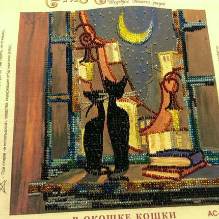 Canvas for bead embroidery "Cats at window" 7.9"x7.9" / 20.0x20.0 cm
