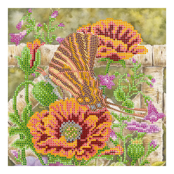 Canvas for bead embroidery "Batterfly and poppies" 7.9"x7.9" / 20.0x20.0 cm