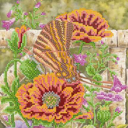 Canvas for bead embroidery "Batterfly and poppies" 7.9"x7.9" / 20.0x20.0 cm
