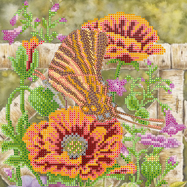 Canvas for bead embroidery "Batterfly and poppies" 7.9"x7.9" / 20.0x20.0 cm