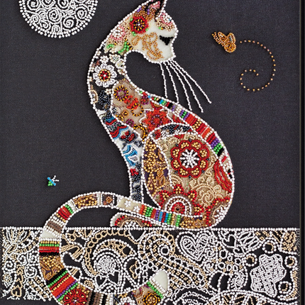 DIY Bead Embroidery Kit "Cat and moth" 9.8"x13.8" / 25.0x35.0 cm