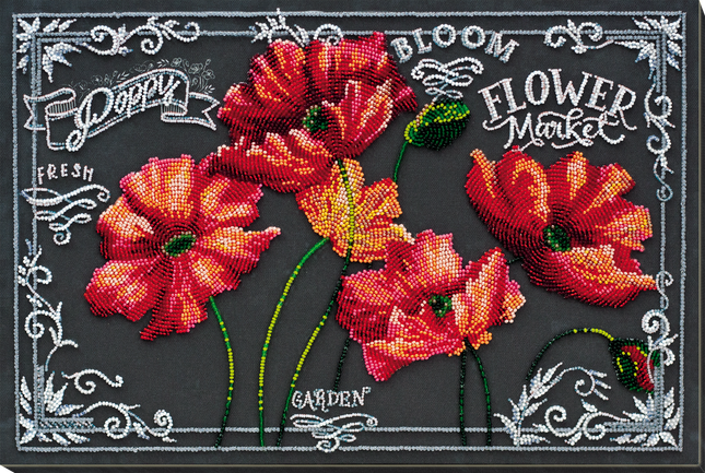 DIY Bead Embroidery Kit "Velvet poppies" 15.7"x10.6" / 40.0x27.0 cm