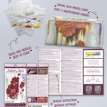 DIY Bead Embroidery Kit "Poppy flower" 10.2"x33.9" / 26.0x86.0 cm