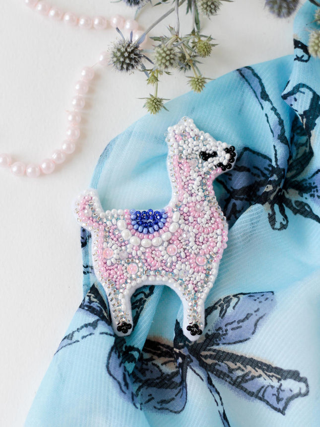 Beadwork kit for creating brooch "Pink llama"