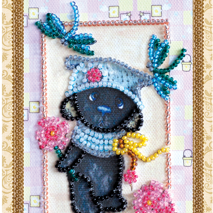 DIY Bead embroidery postcard kit "Teddy bear and dragonfly"