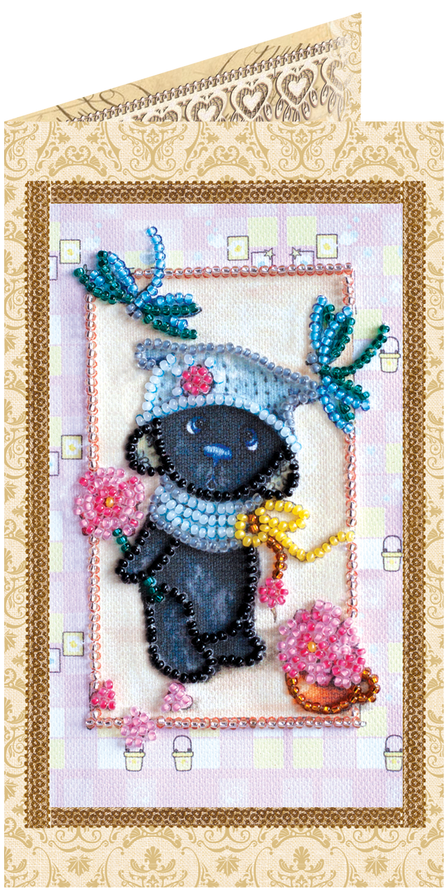 DIY Bead embroidery postcard kit "Teddy bear and dragonfly"