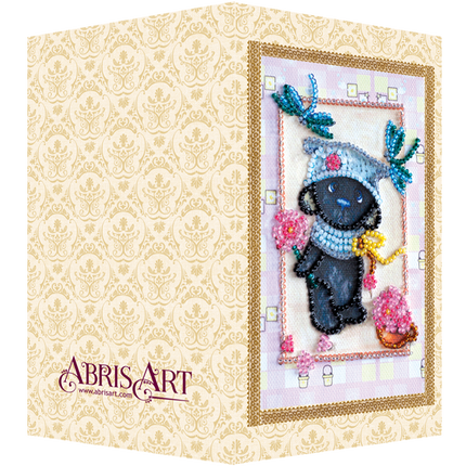 DIY Bead embroidery postcard kit "Teddy bear and dragonfly"