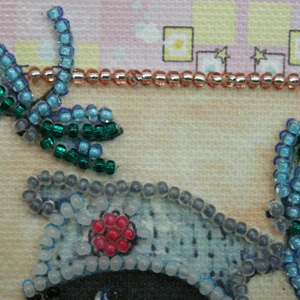 DIY Bead embroidery postcard kit "Teddy bear and dragonfly"