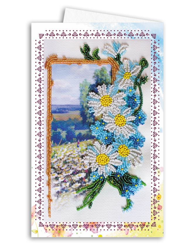 DIY Bead embroidery postcard kit "Chamomile field"
