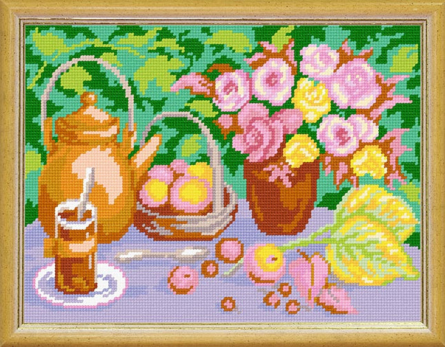 Needlepoint Canvas "Tea party in the garden" 9.5x12.6" / 24x32 cm