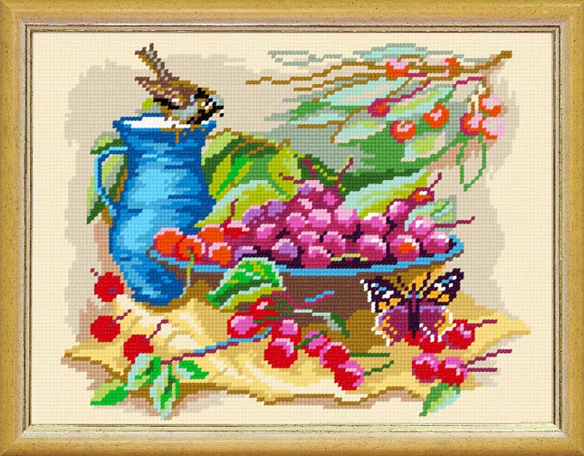 Needlepoint Canvas "Sparrow near a bowl of cherries" 9.5x12.6" / 24x32 cm