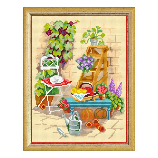 Needlepoint Canvas "Watering can in the backyard" 9.5x12.6" / 24x32 cm