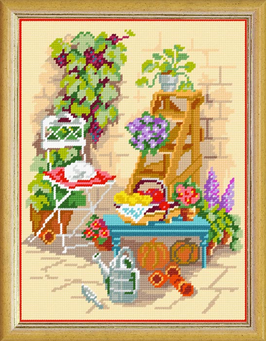 Needlepoint Canvas "Watering can in the backyard" 9.5x12.6" / 24x32 cm