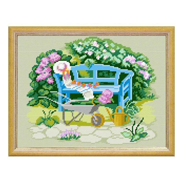 Needlepoint Canvas "Wheelbarrow in the backyard" 9.5x12.6" / 24x32 cm