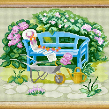 Needlepoint Canvas "Wheelbarrow in the backyard" 9.5x12.6" / 24x32 cm