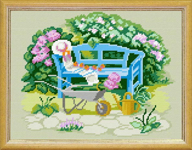 Needlepoint Canvas "Wheelbarrow in the backyard" 9.5x12.6" / 24x32 cm