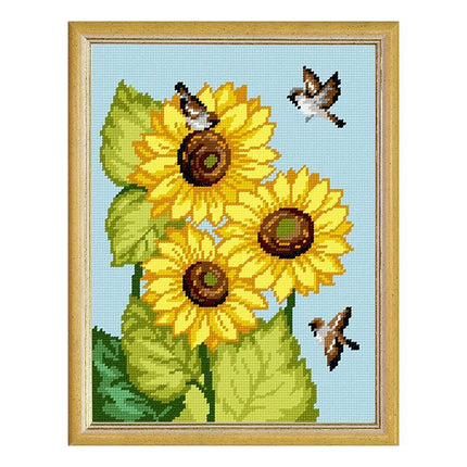 Needlepoint Canvas "Sparrows on a sunflower" 9.5x12.6" / 24x32 cm