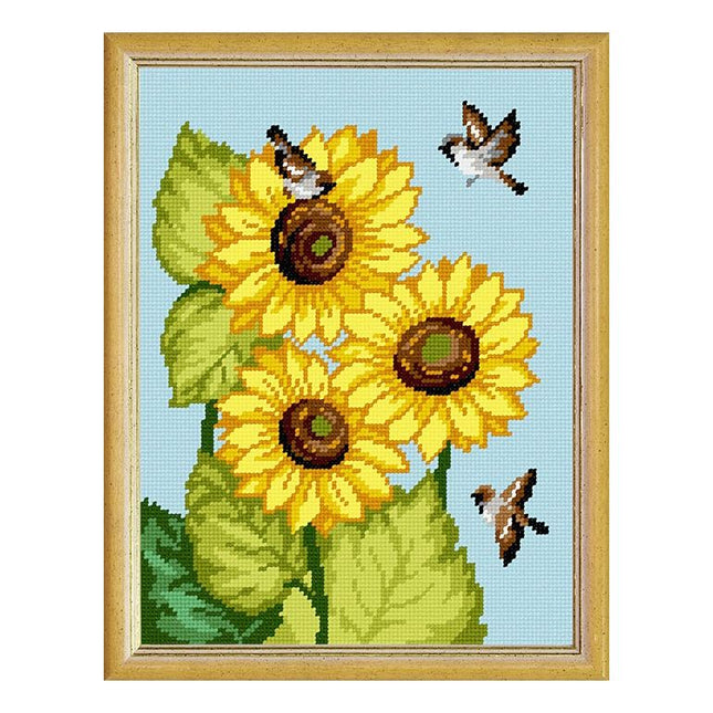 Needlepoint Canvas "Sparrows on a sunflower" 9.5x12.6" / 24x32 cm