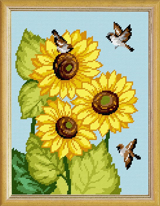Needlepoint Canvas "Sparrows on a sunflower" 9.5x12.6" / 24x32 cm