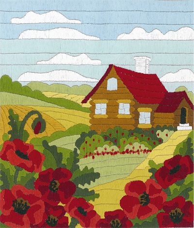 Satin stitch kit "House and poppies" Long Stitch Kit, Embroidery kit, Stem stitch