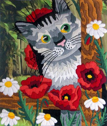 Satin stitch kit "Cat and poppies" Long Stitch Kit, Embroidery kit, Stem stitch