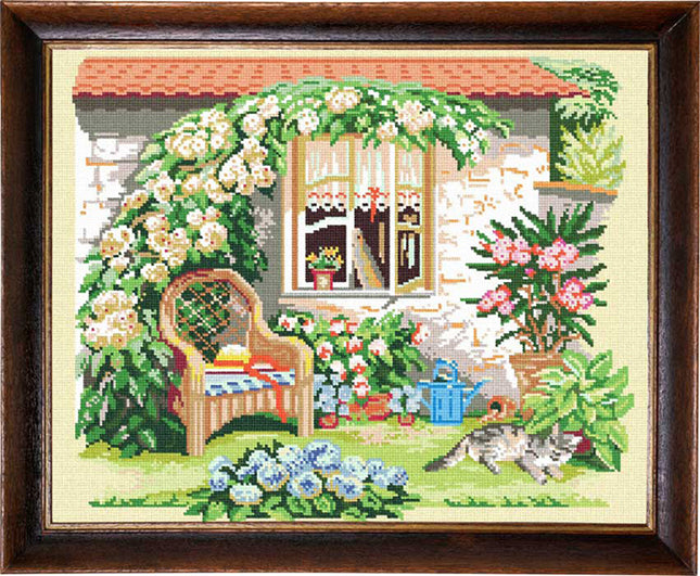 Needlepoint Canvas "Yard with a cat" 15.7x19.7" / 40x50 cm