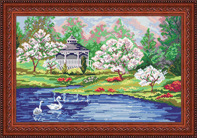 Needlepoint Canvas "Swans near the gazebo" 13.0x19.7" / 33x50 cm