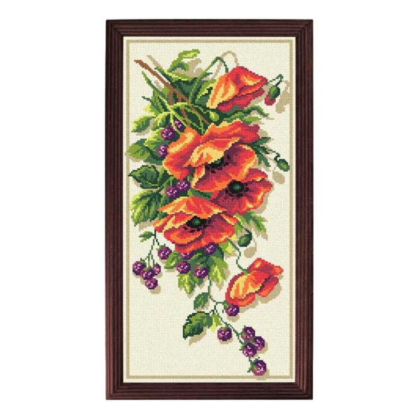 Needlepoint Canvas "Poppies and blackberries" 9.8x19.7" / 25x50 cm