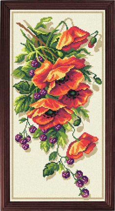 Needlepoint Canvas "Poppies and blackberries" 9.8x19.7" / 25x50 cm