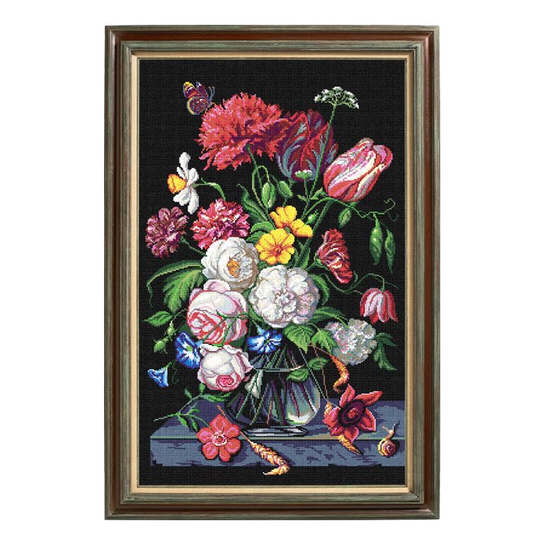 Needlepoint Canvas "Bouquet on a black background" 19.7x31.5" / 50x80 cm