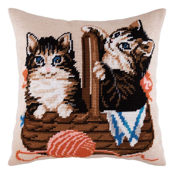 Needlepoint Pillow Kit "Kittens in a Basket"