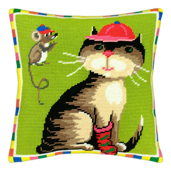 Needlepoint Pillow Kit "A Cat and a Mouse"
