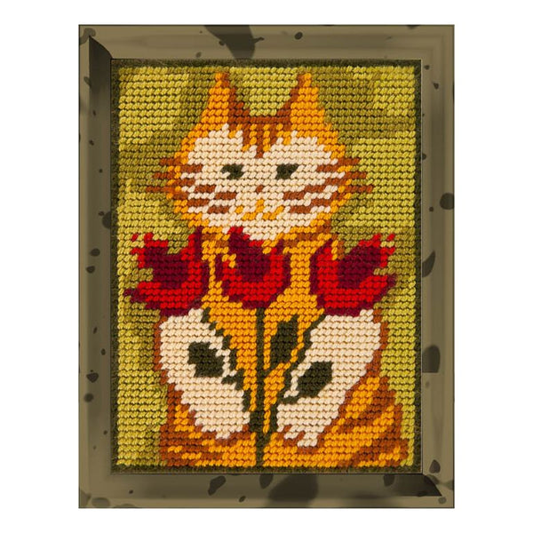 DIY Needlepoint Kit "Cat with tulips" 5.9"x7.9"