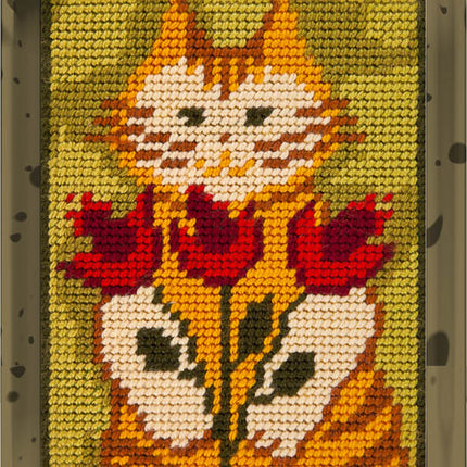 DIY Needlepoint Kit "Cat with tulips" 5.9"x7.9"