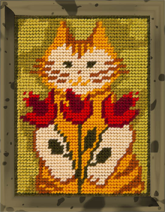 DIY Needlepoint Kit "Cat with tulips" 5.9"x7.9"