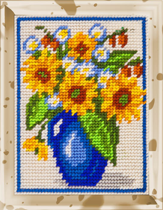 DIY Needlepoint Kit "Sunflowers in a blue jar" 5.9"x7.9"