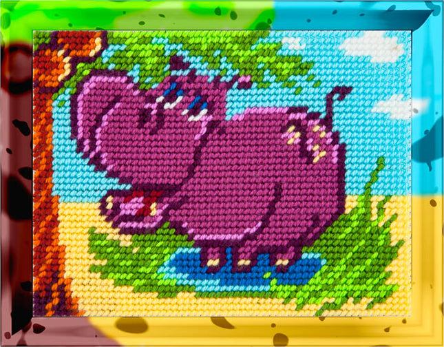 DIY Needlepoint Kit "Hippopotamus near a palm tree" 5.9"x7.9"