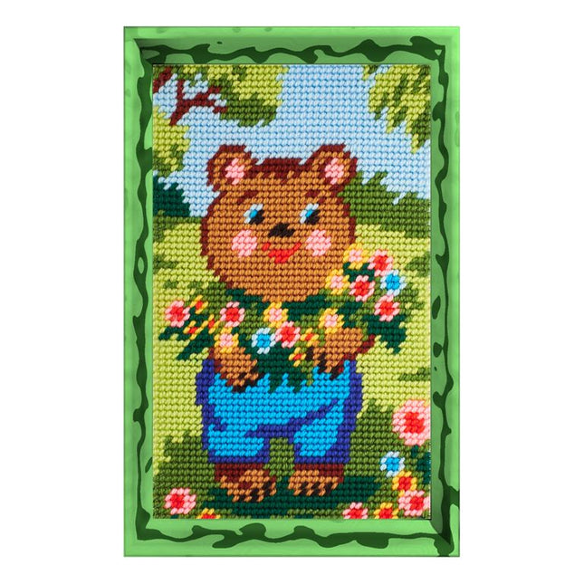 DIY Needlepoint Kit "Bear with flowers" 5.9"x9.8" / 15x25 cm