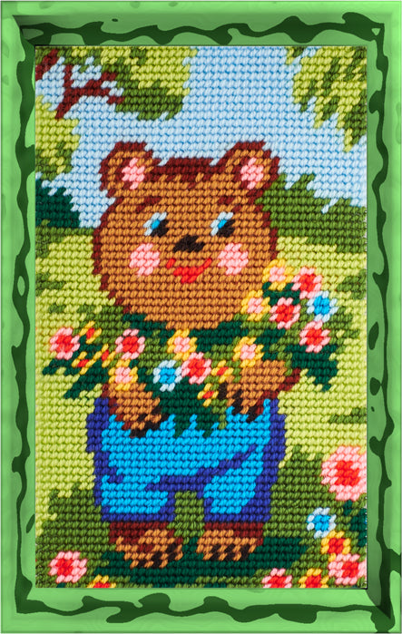 DIY Needlepoint Kit "Bear with flowers" 5.9"x9.8" / 15x25 cm
