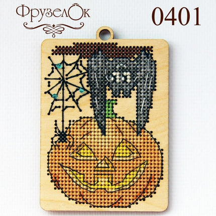 DIY Cross stitch kit on wood "Pumpkin" 3.9x2.8 in / 10.0x7.0 cm