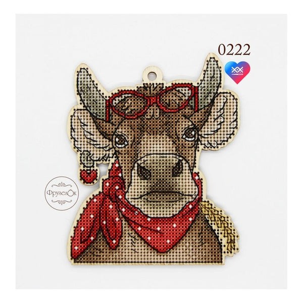 DIY Cross stitch kit on wood "Cow" 3.9x4.5 in / 10.0x11.5 cm