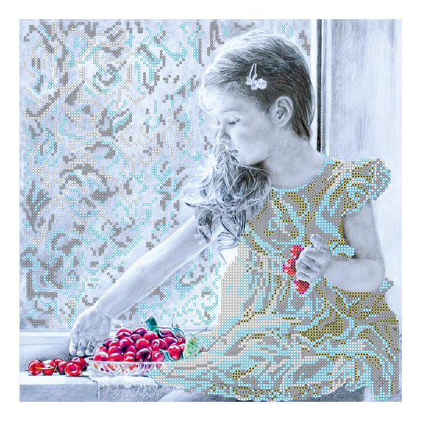 Canvas for bead embroidery "Girl and cherry" 11.8"x11.8" / 30.0x30.0 cm