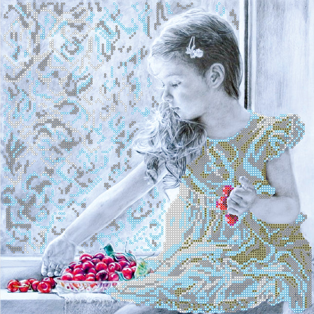 Canvas for bead embroidery "Girl and cherry" 11.8"x11.8" / 30.0x30.0 cm