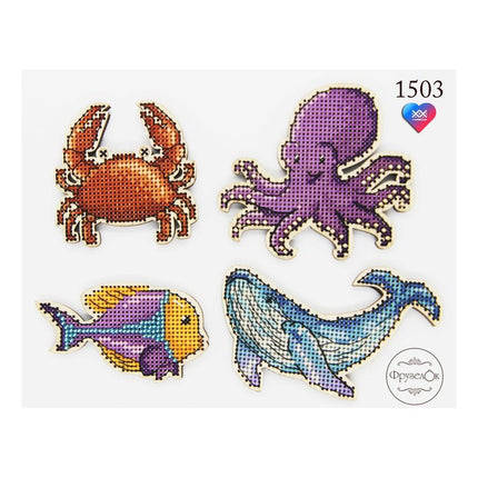 DIY Cross stitch kit on wood "Marine Life" 3.7x2.4 in, 3.3x3.0 in, 2.4x2.4 in, 3.0x1.8 in / 9.5x6.0 cm, 8.5x7.5 cm, 6.0x6.0 cm, 7.5x4.5 cm